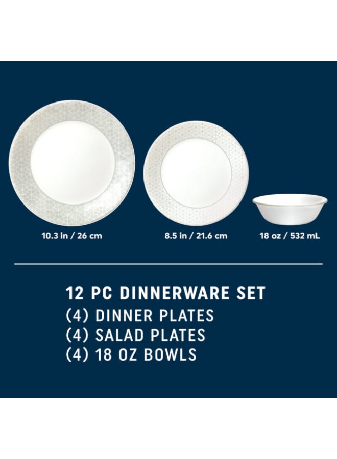Corelle Knox 12-Piece Dinnerware Set, Vitrelle Glass, Chips & Crack Resistant, Lightweight & Stackable, Dishwasher & Microwave Safe, Service for 4, Includes 4 Dinner Plates, 4 Side Plates & 4 Bowls - Image 3